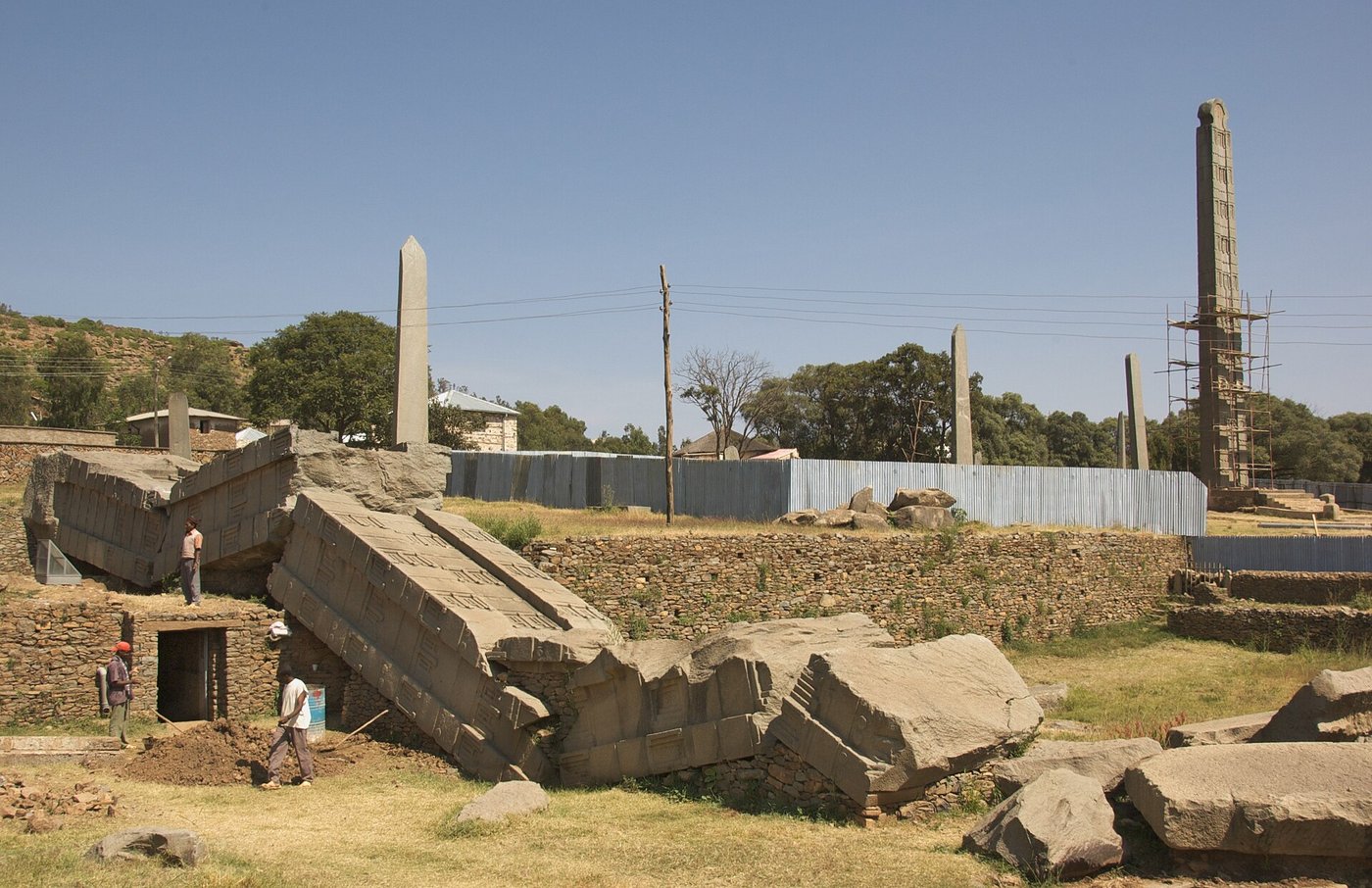 Carved stone stelae standing and fallen in the northern stelae field at Aksum