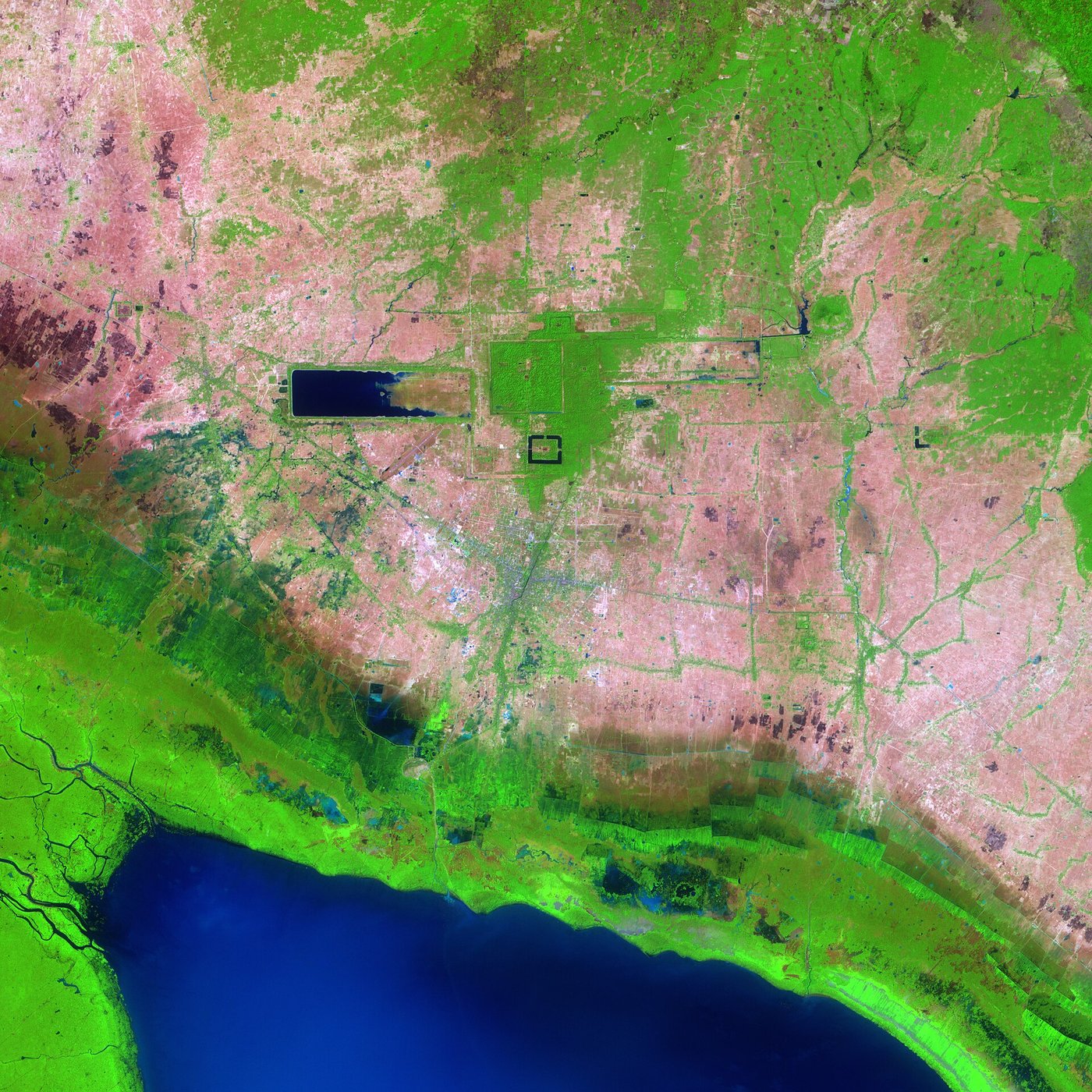 Satellite view of the Angkor region showing the rectangular reservoirs and moats set in the forest and farmland