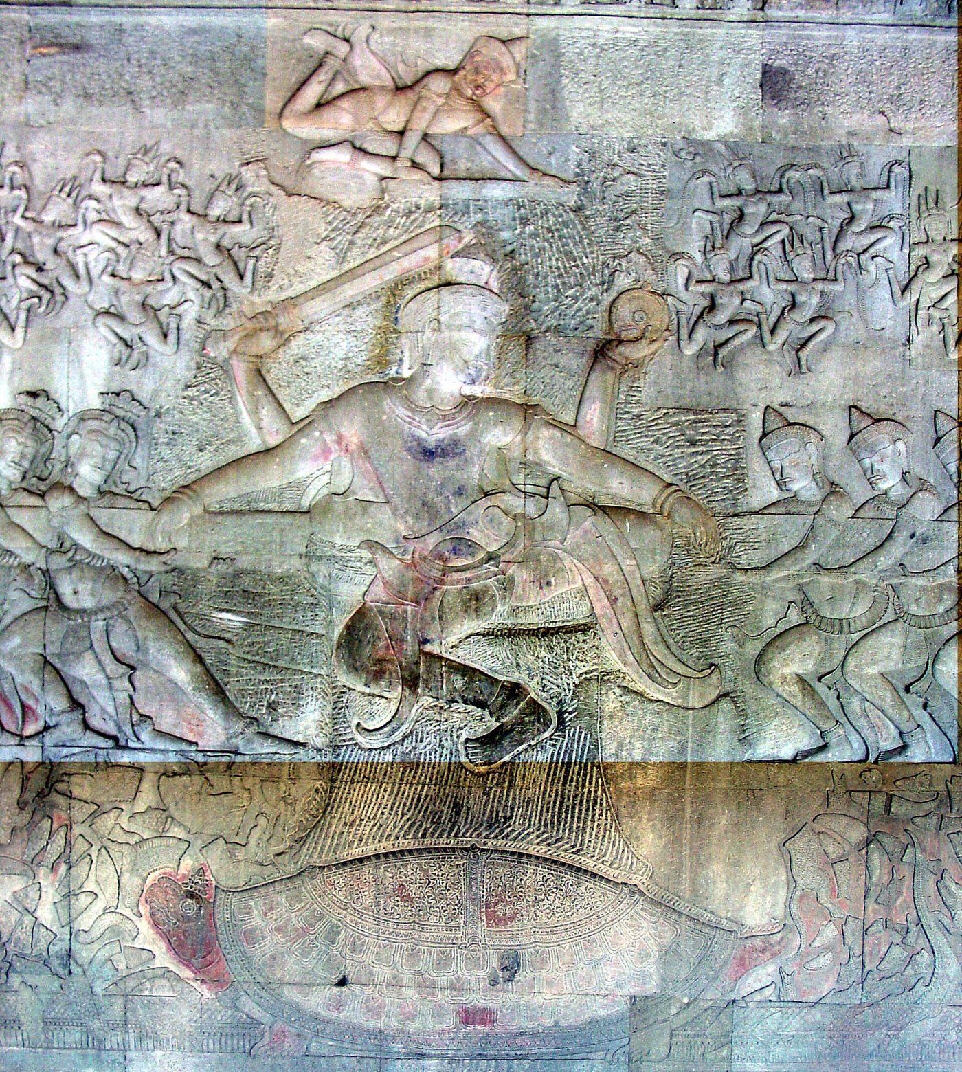 Bas-relief at Angkor Wat showing the god Vishnu presiding over the Churning of the Sea of Milk