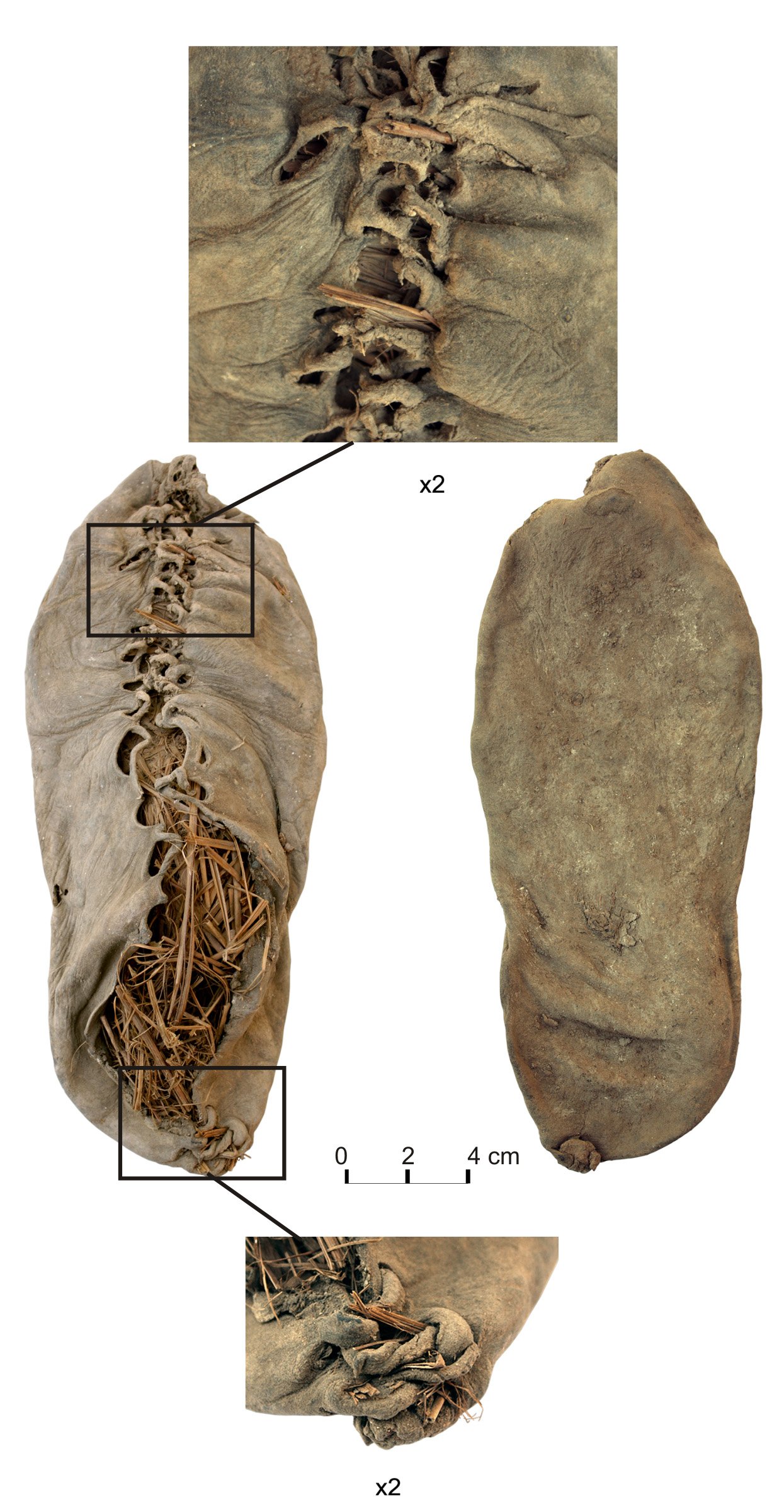 The Chalcolithic leather shoe from Areni-1 as photographed after excavation, filled with grass