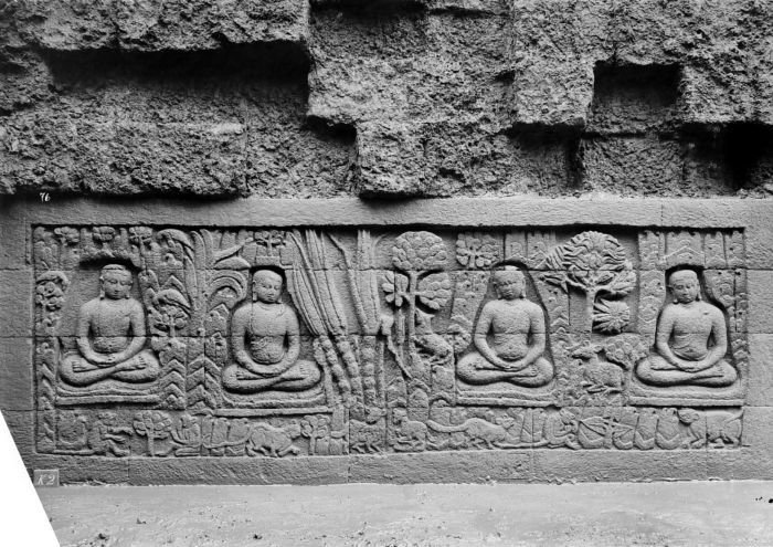 A nineteenth-century photograph by Kassian Cephas of a carved relief panel from Borobudur's hidden base, showing seated figures in a domestic scene
