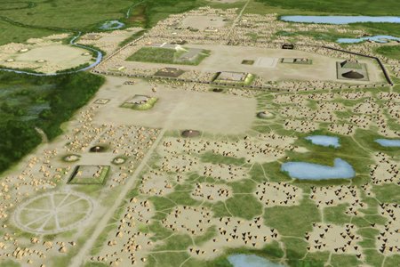 Painted aerial reconstruction of Cahokia at its height, showing Monks Mound, the Grand Plaza, the palisade wall and rows of thatched houses on the Mississippi floodplain