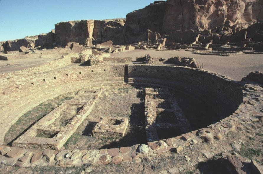 A great kiva, a large circular sunken ceremonial chamber, within Pueblo Bonito
