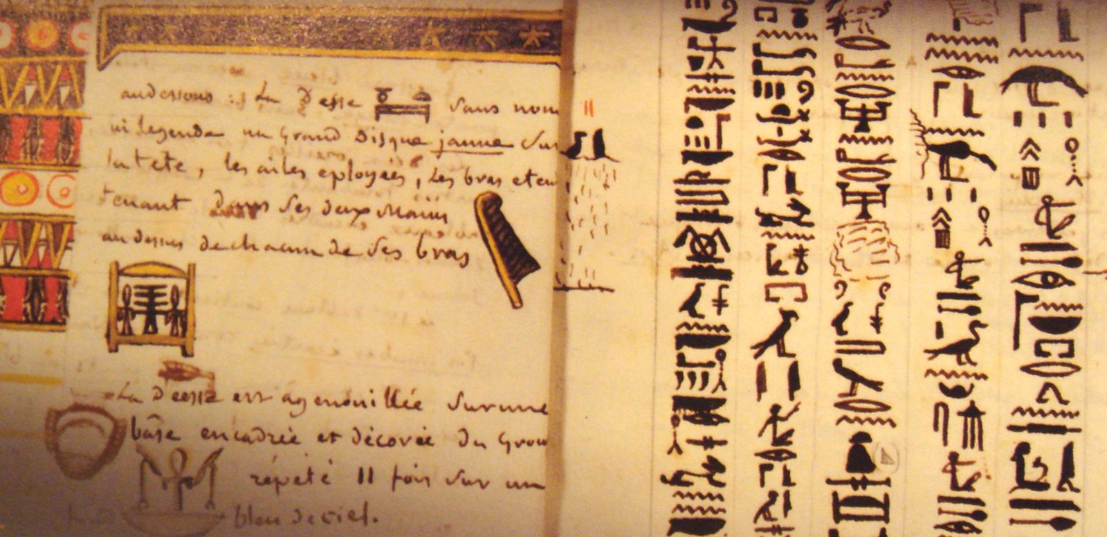 A page from Champollion's notebook showing his work on hieroglyphic signs
