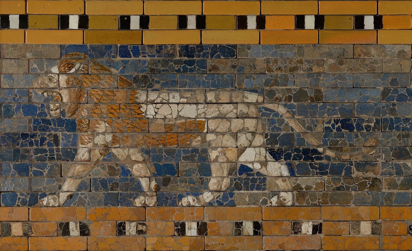 Reconstruction of the tiled Processional Way of Babylon with striding lions in glazed brick