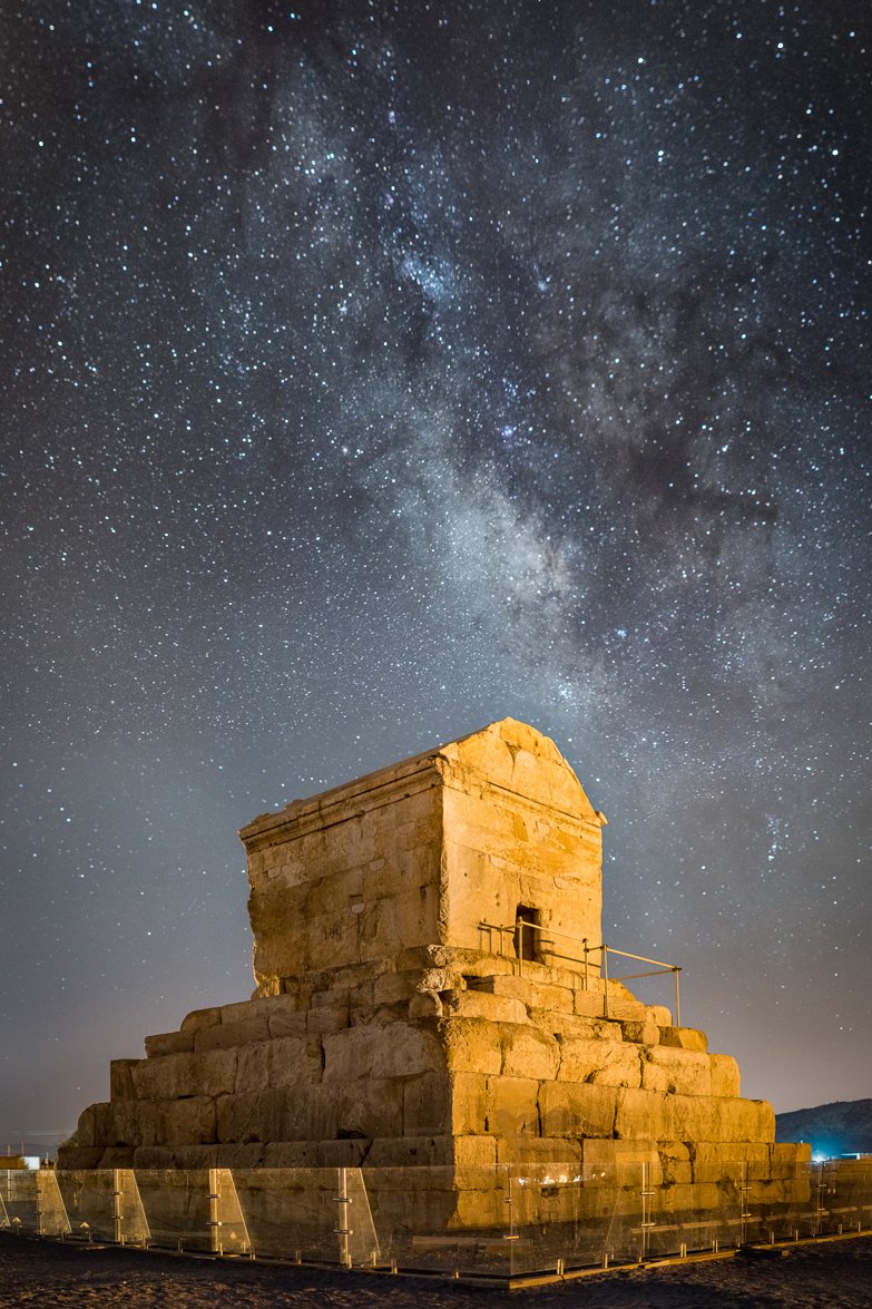 The stone tomb of Cyrus the Great at Pasargadae, a stepped plinth topped by a small gabled chamber