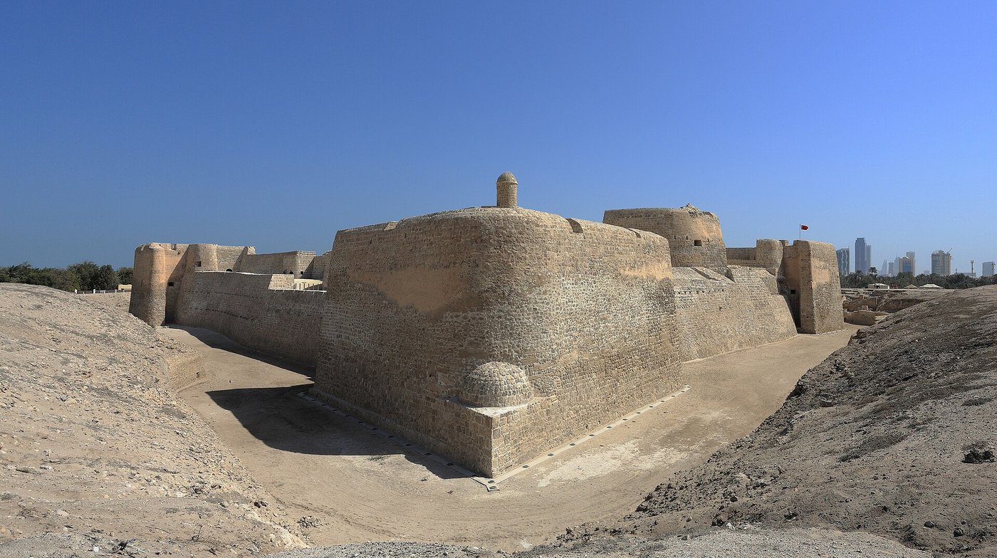 The tell of Qal'at al-Bahrain, an ancient city mound topped by a later Portuguese fort