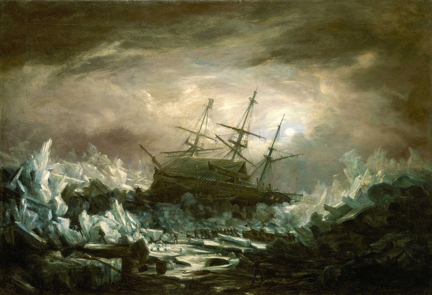 A ship trapped and heeled over in Arctic pack ice