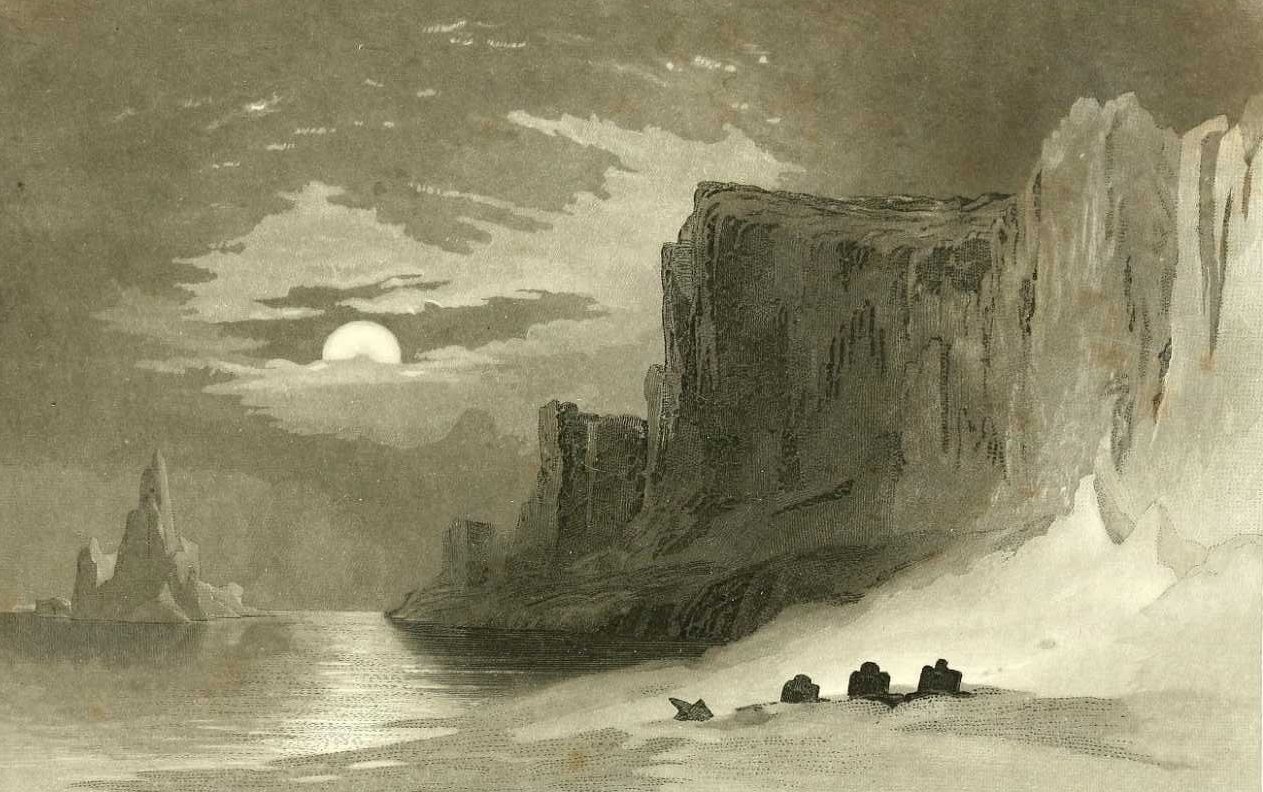 Engraving of the three grave markers of Franklin's men on Beechey Island