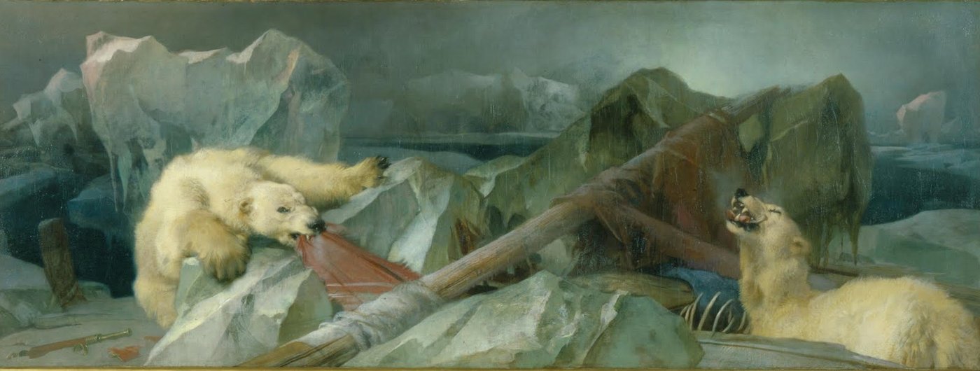 A dramatic Victorian painting of polar bears amid the wreckage of a ship crushed in ice