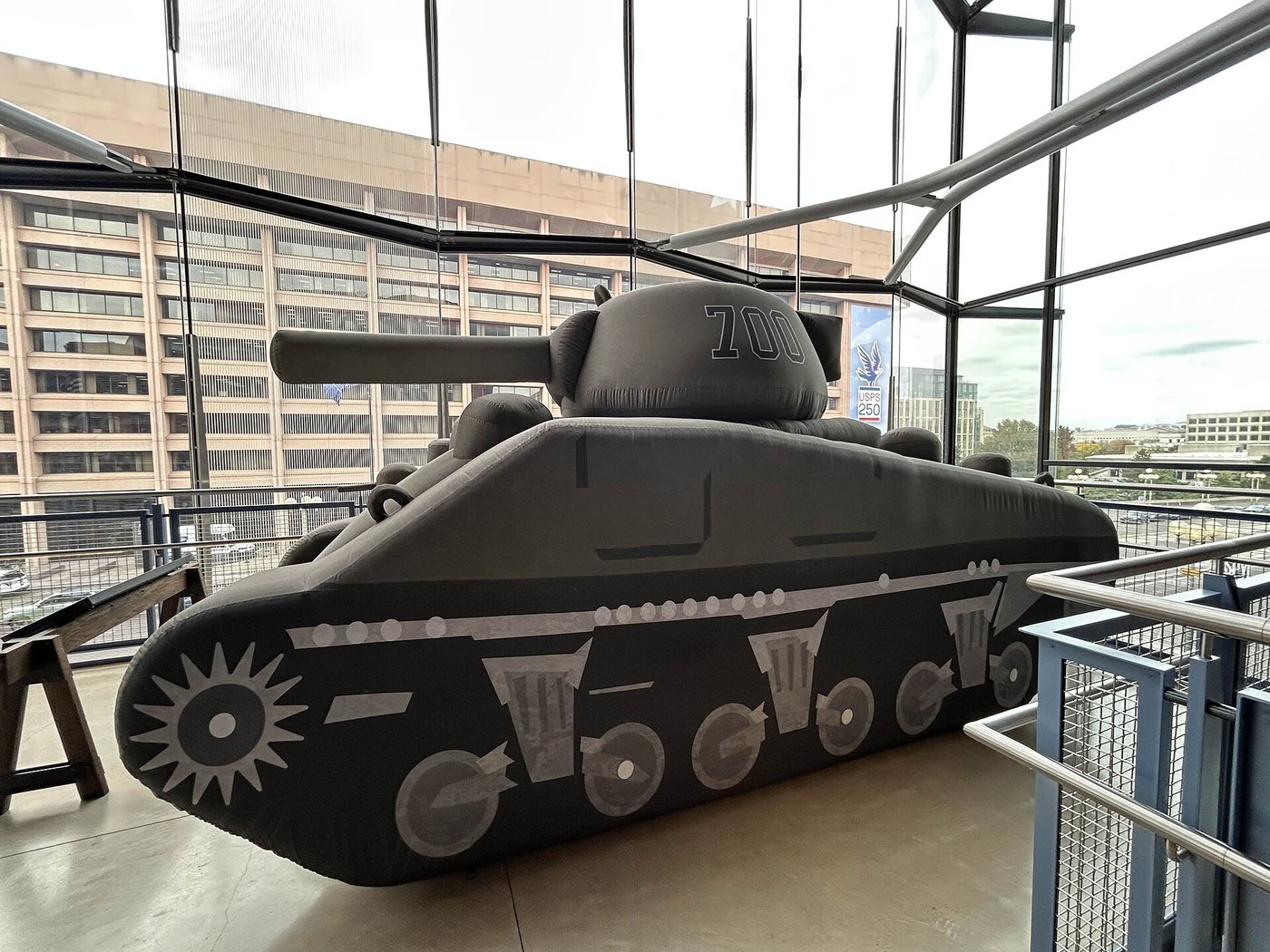 A surviving Ghost Army inflatable dummy tank on display in a museum