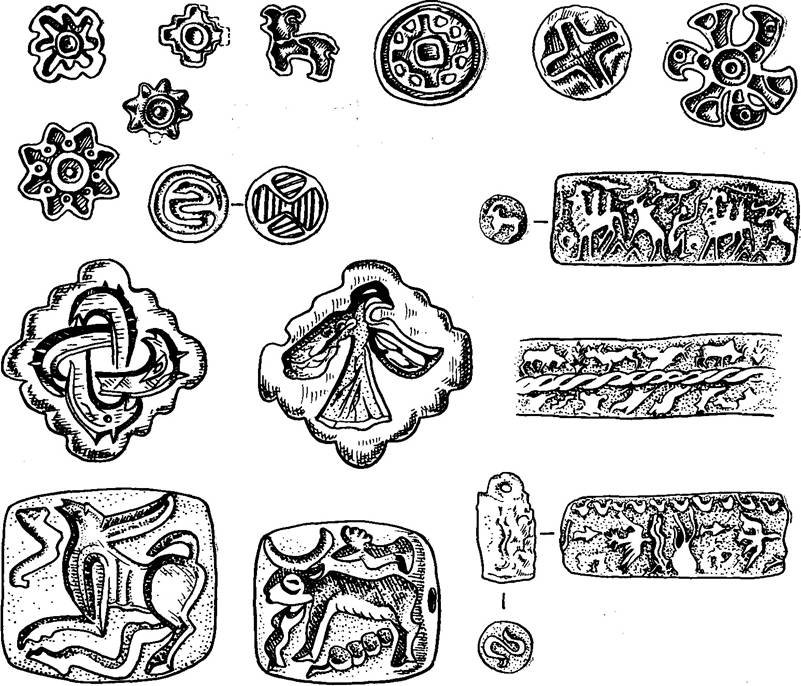 A set of Bronze Age stamp seals from Margiana carved with animals and geometric designs