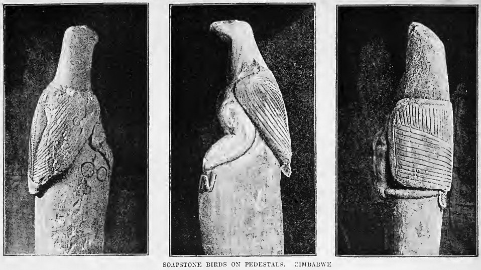Nineteenth-century photograph of several carved soapstone birds on tall stone pedestals