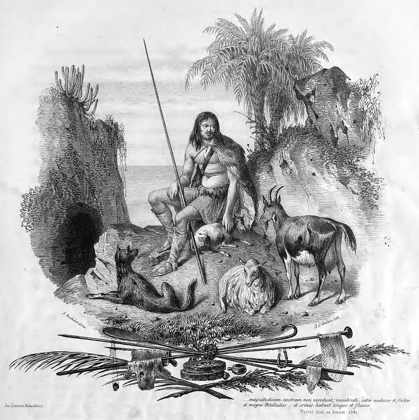 A nineteenth-century lithograph of a Guanche shepherd standing with a staff on the Canary Islands
