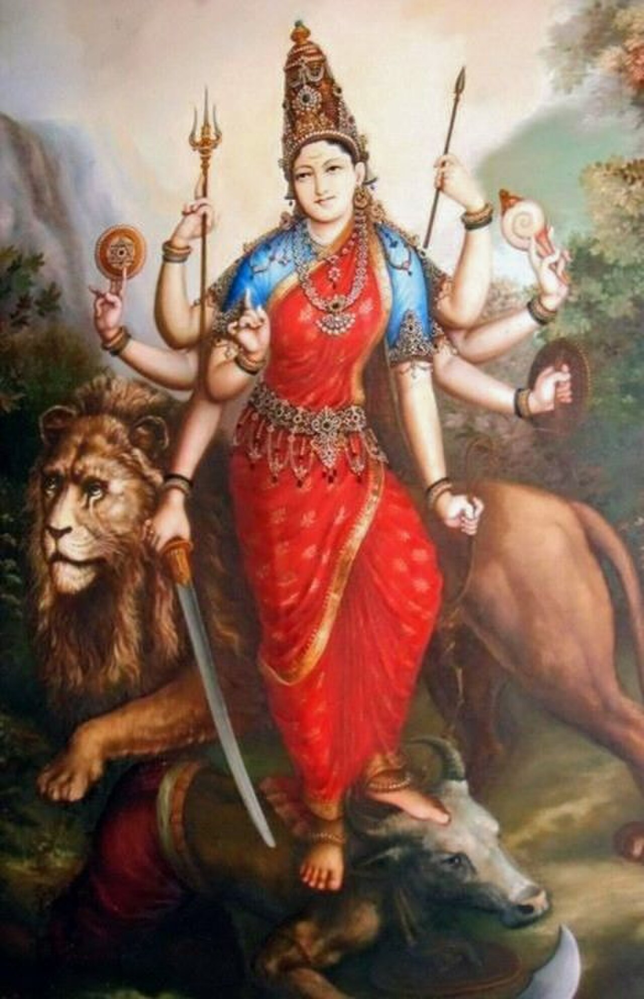 Durga wielding many divine weapons, slaying the buffalo demon
