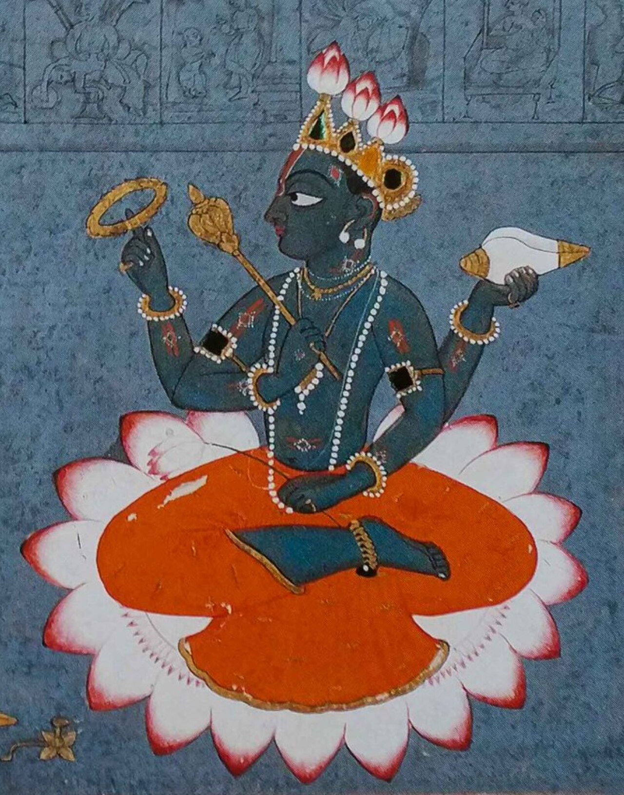 A painting of Vishnu holding his four emblems including the discus and mace
