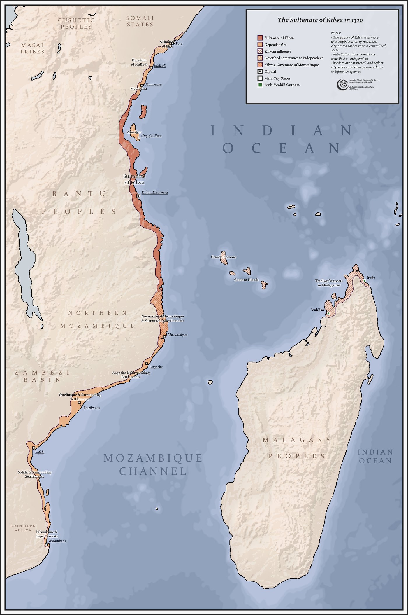 Map showing the maritime reach of the Kilwa Sultanate along the East African coast
