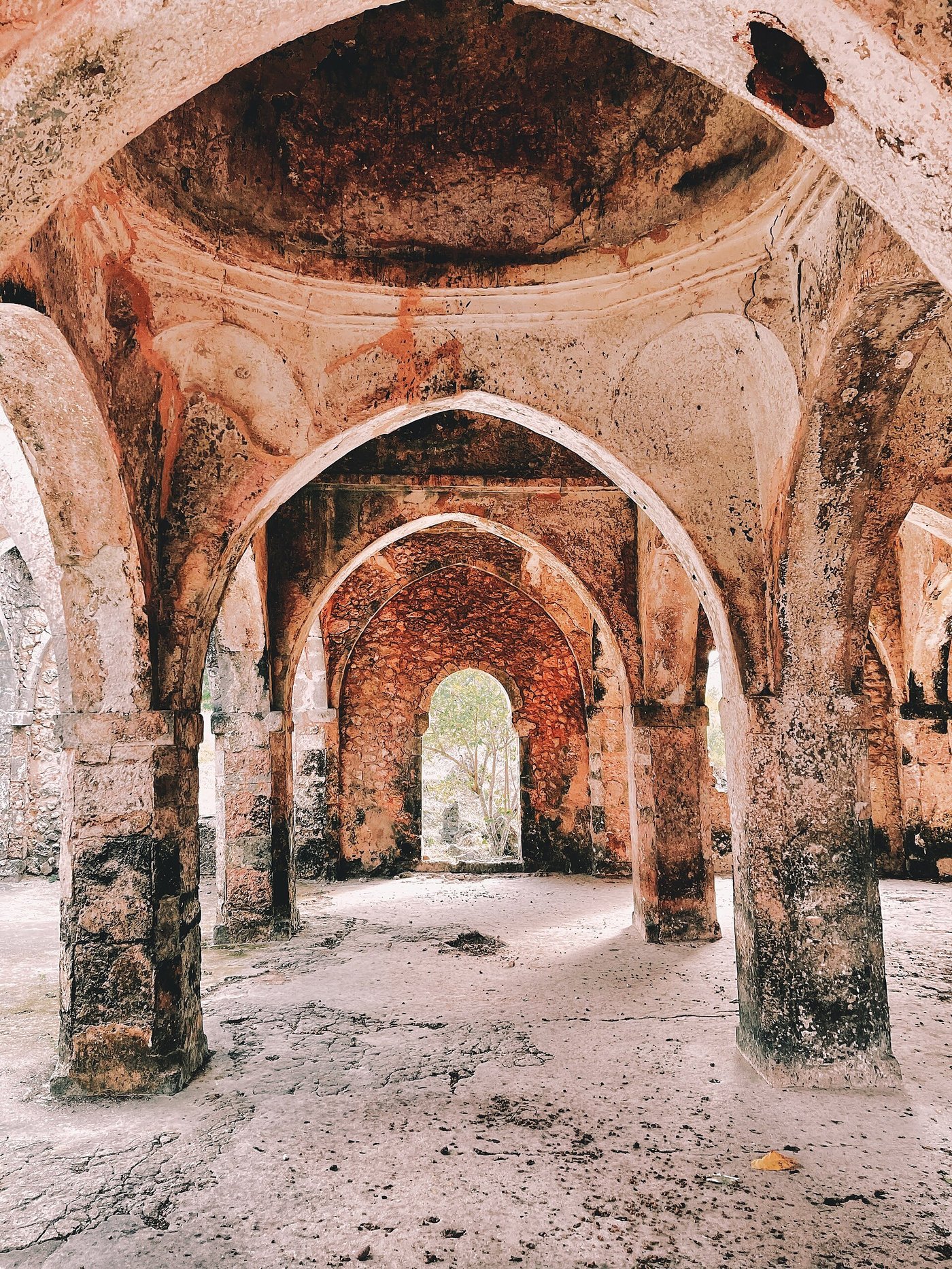 The domed and vaulted interior of the Great Mosque of Kilwa Kisiwani