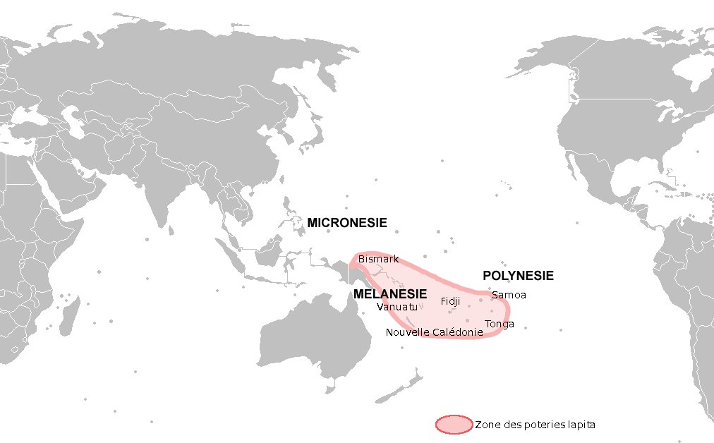 Map of the Pacific showing the spread of the Lapita culture from the Bismarck Archipelago eastward to Fiji, Tonga and Samoa