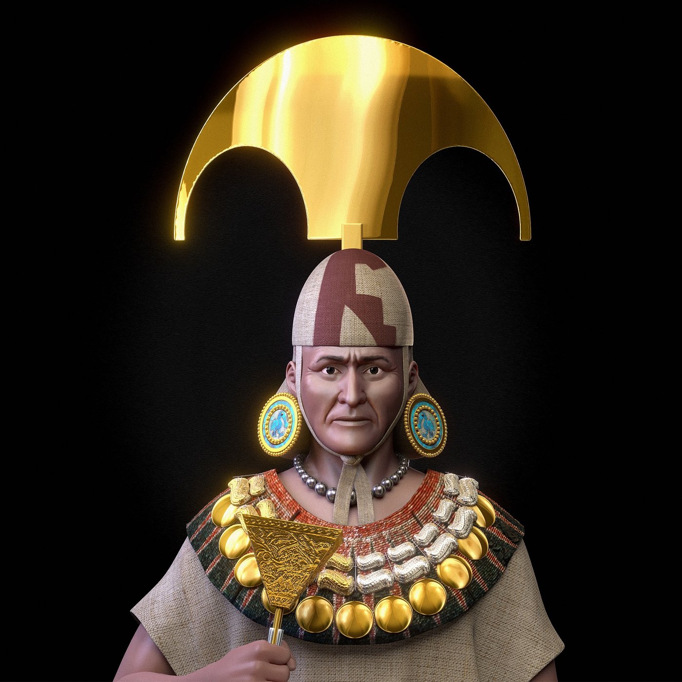 A forensic facial reconstruction of the Lord of Sipán wearing the gold crescent headdress and turquoise ear ornaments against a black background