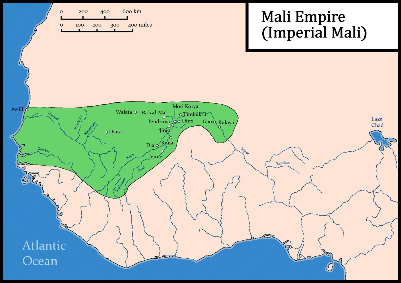 Map showing the extent of the Mali Empire in West Africa