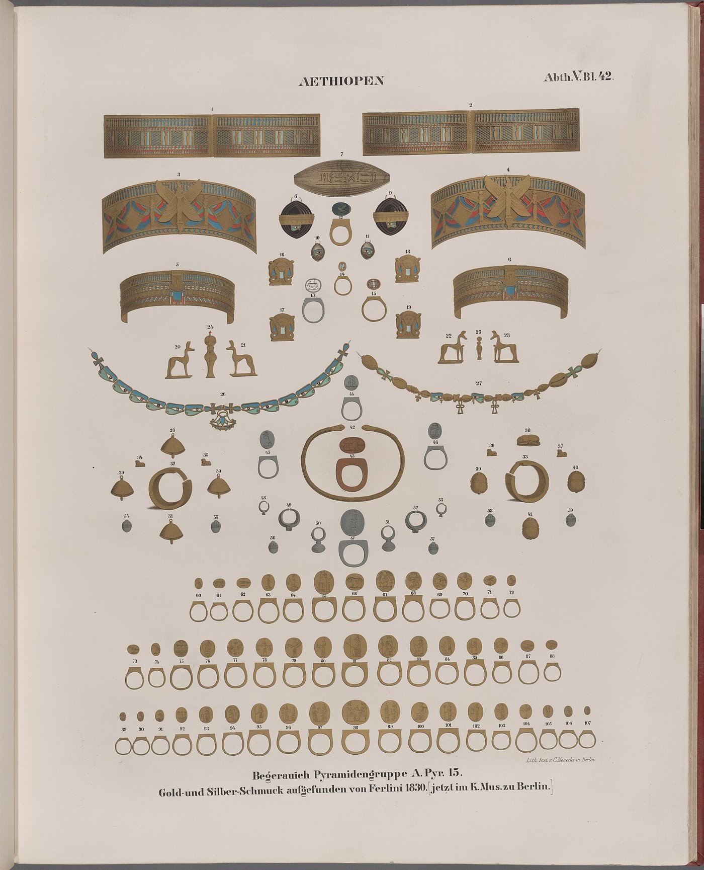 A nineteenth-century colour plate showing rows of gold and silver Kushite jewellery recovered by Ferlini, now in Berlin
