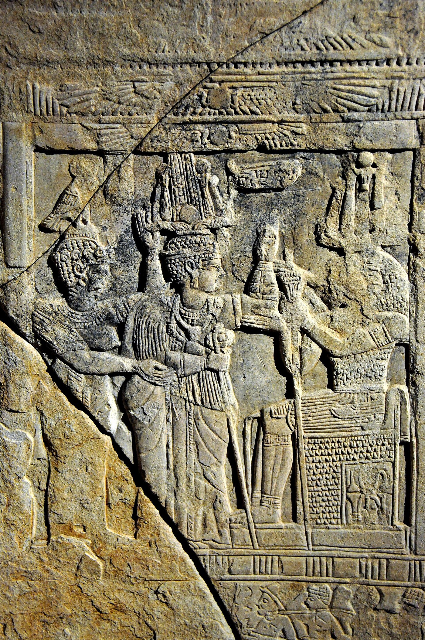 A carved sandstone stele showing the Kushite queen Amanishakheto with a goddess, from Naqa in Sudan