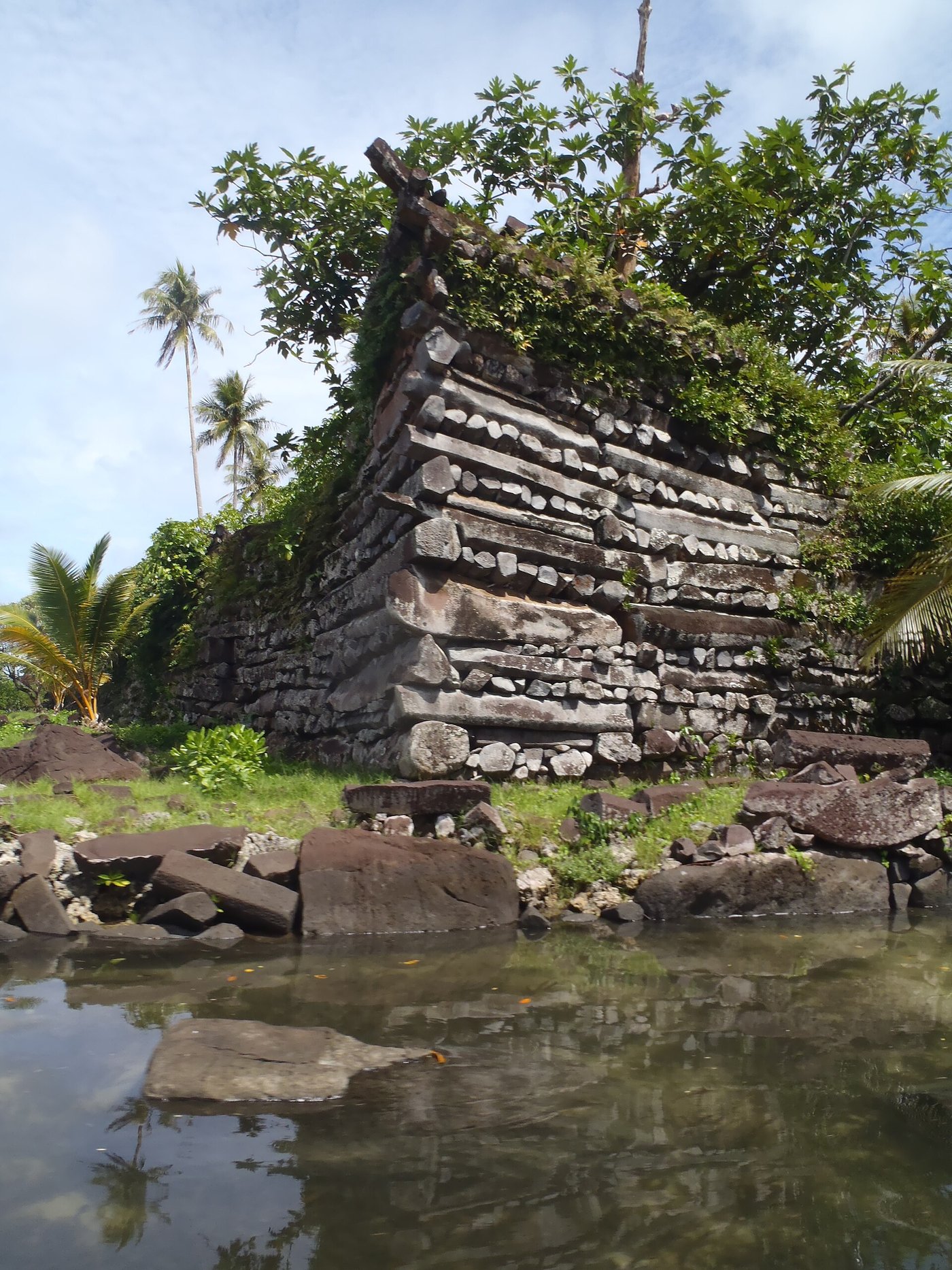 Towering dry-stacked basalt walls of a Nan Madol islet rising above the vegetation