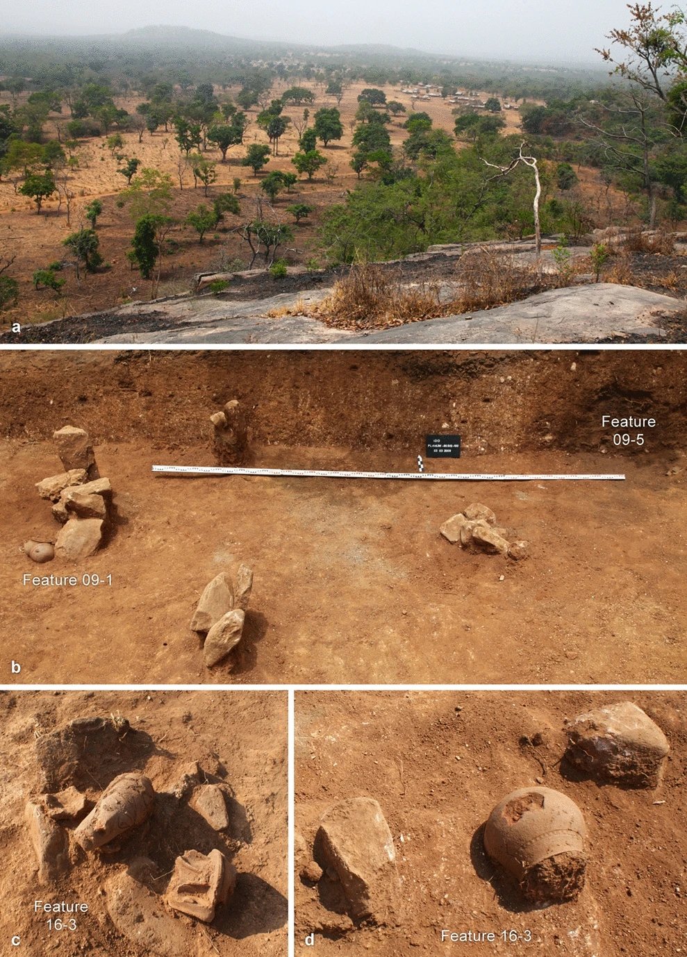 Open archaeological excavation trench in the dry grassland landscape of the Nok region of central Nigeria