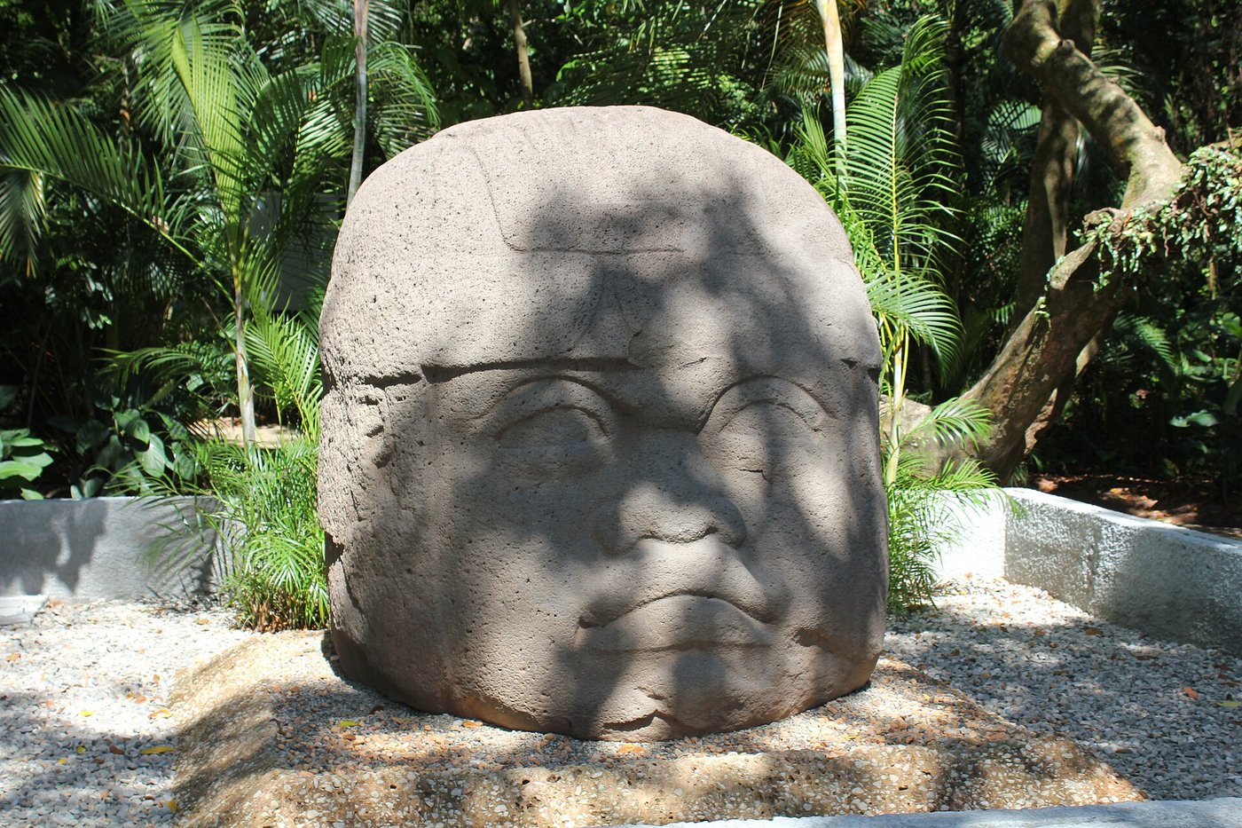 A second Olmec head with a distinct, individual face and a different headdress pattern, weathered by centuries.