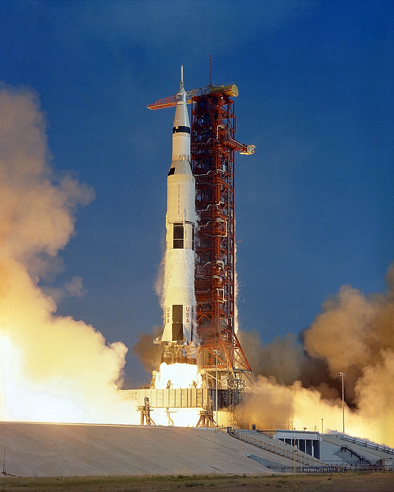 The launch of a Saturn V rocket carrying Apollo to the Moon