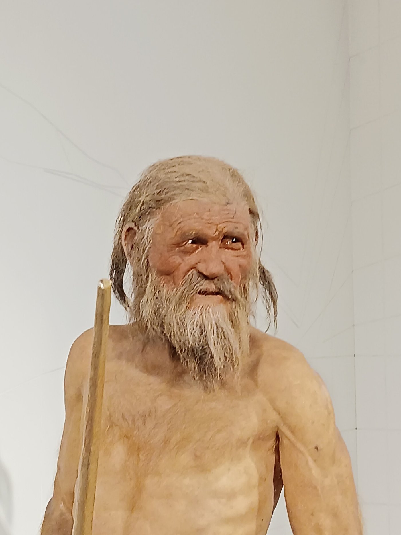 Detail of a modern forensic facial reconstruction of Ötzi, showing a weathered, deeply lined face