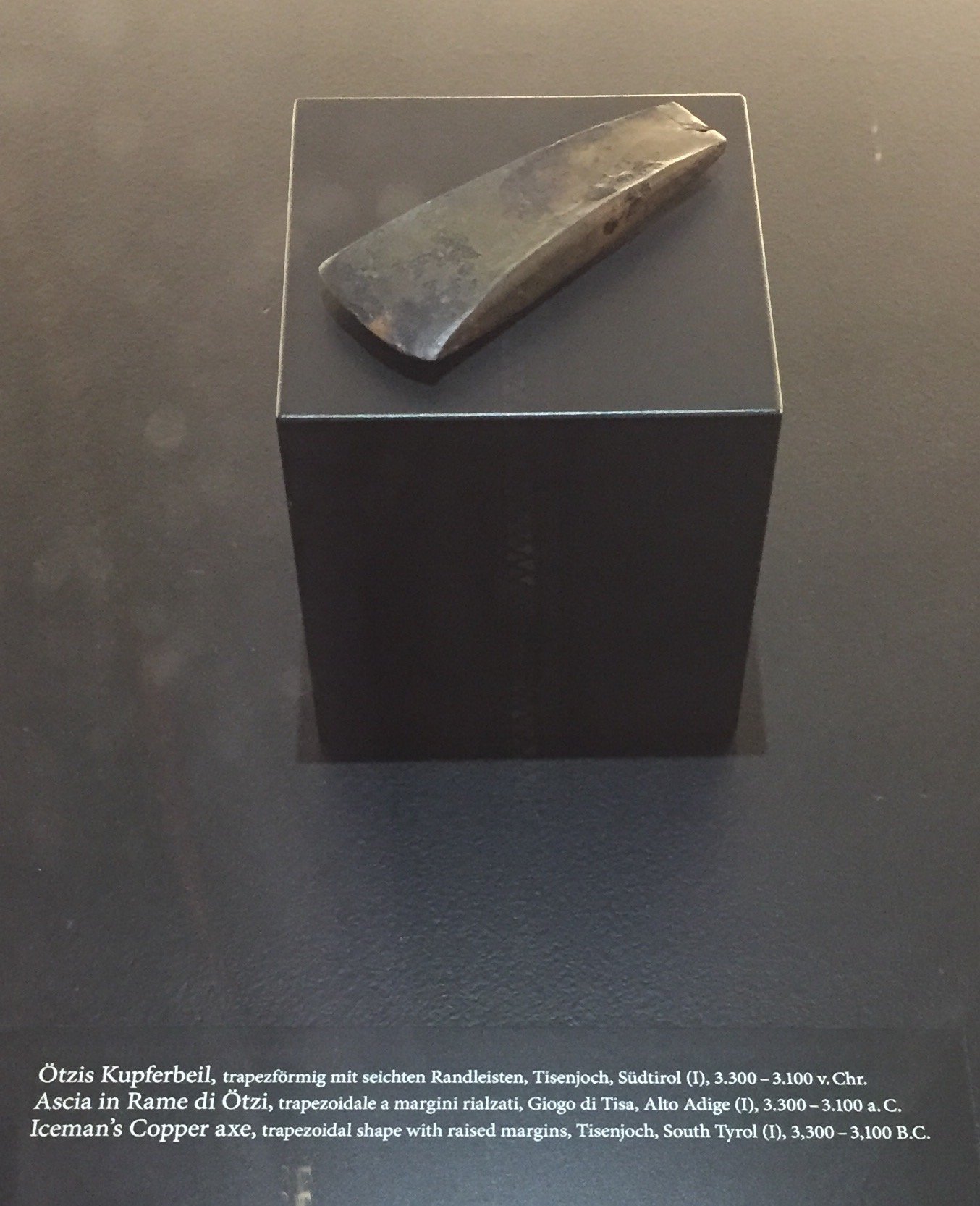 Ötzi's copper axe with its yew handle and leather binding, displayed in a museum case