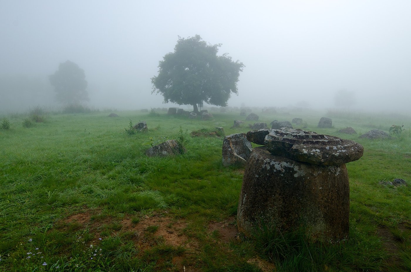 A large stone jar at the Plain of Jars with a round stone disc resting on top like a lid