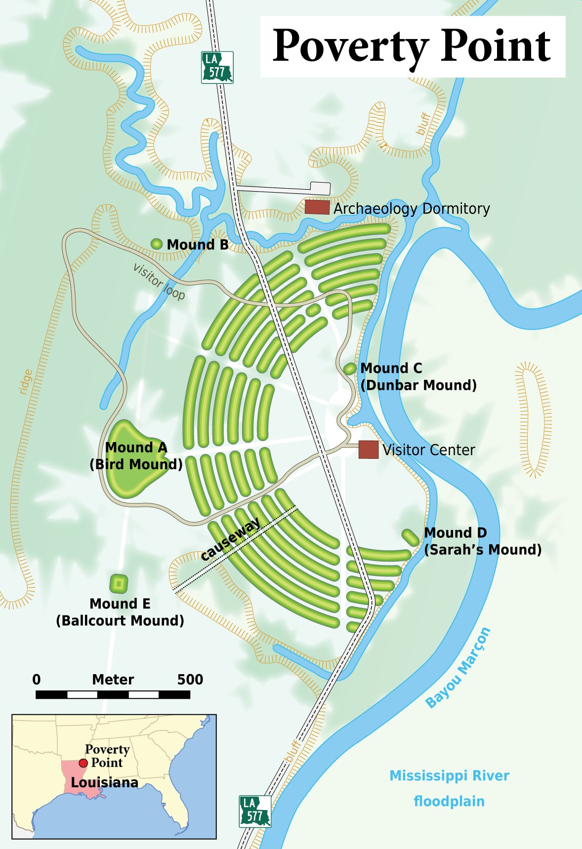 Labelled plan of Poverty Point showing the six concentric C-shaped ridges, the central plaza and the surrounding mounds