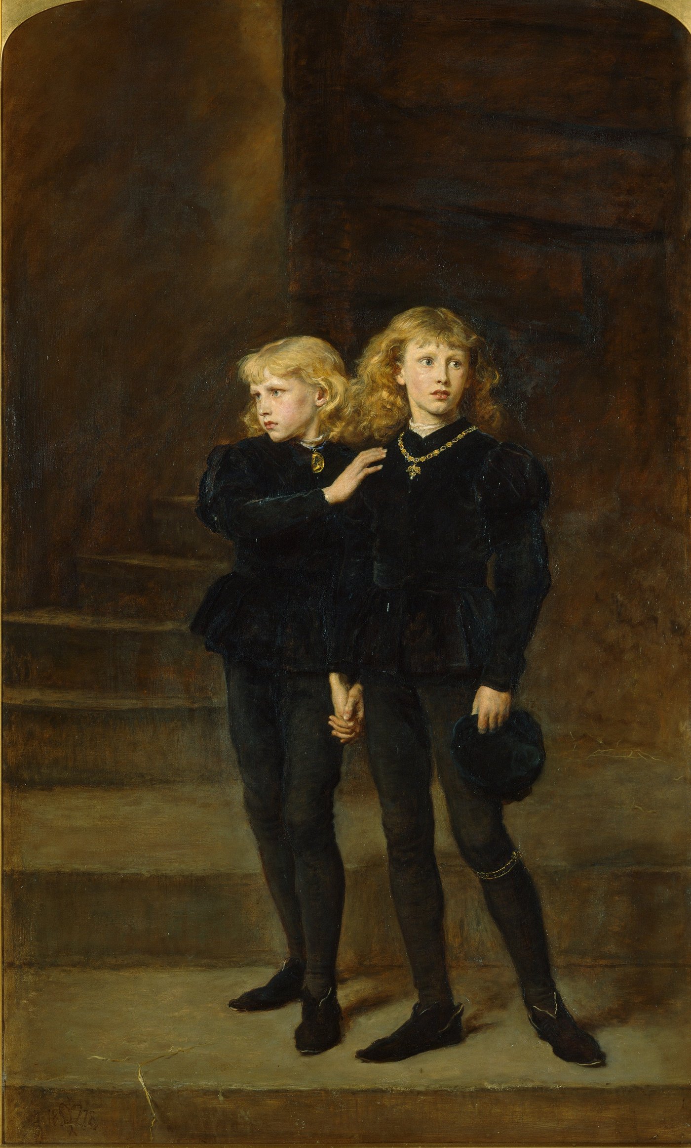John Everett Millais painting of the two young princes standing close together on a dark staircase
