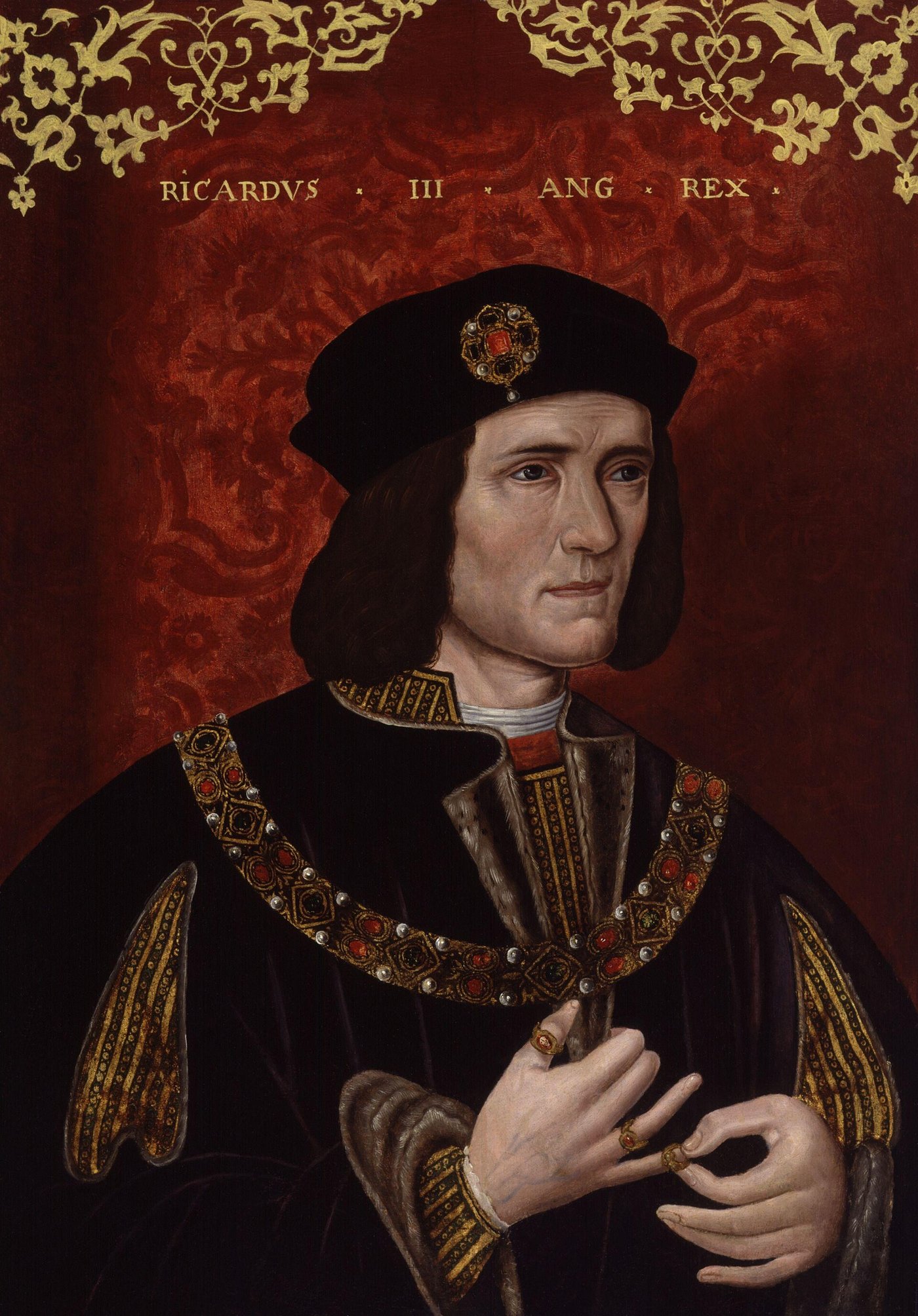 Contemporary portrait of Richard III of England, dark-haired, fingering a ring, against a plain background
