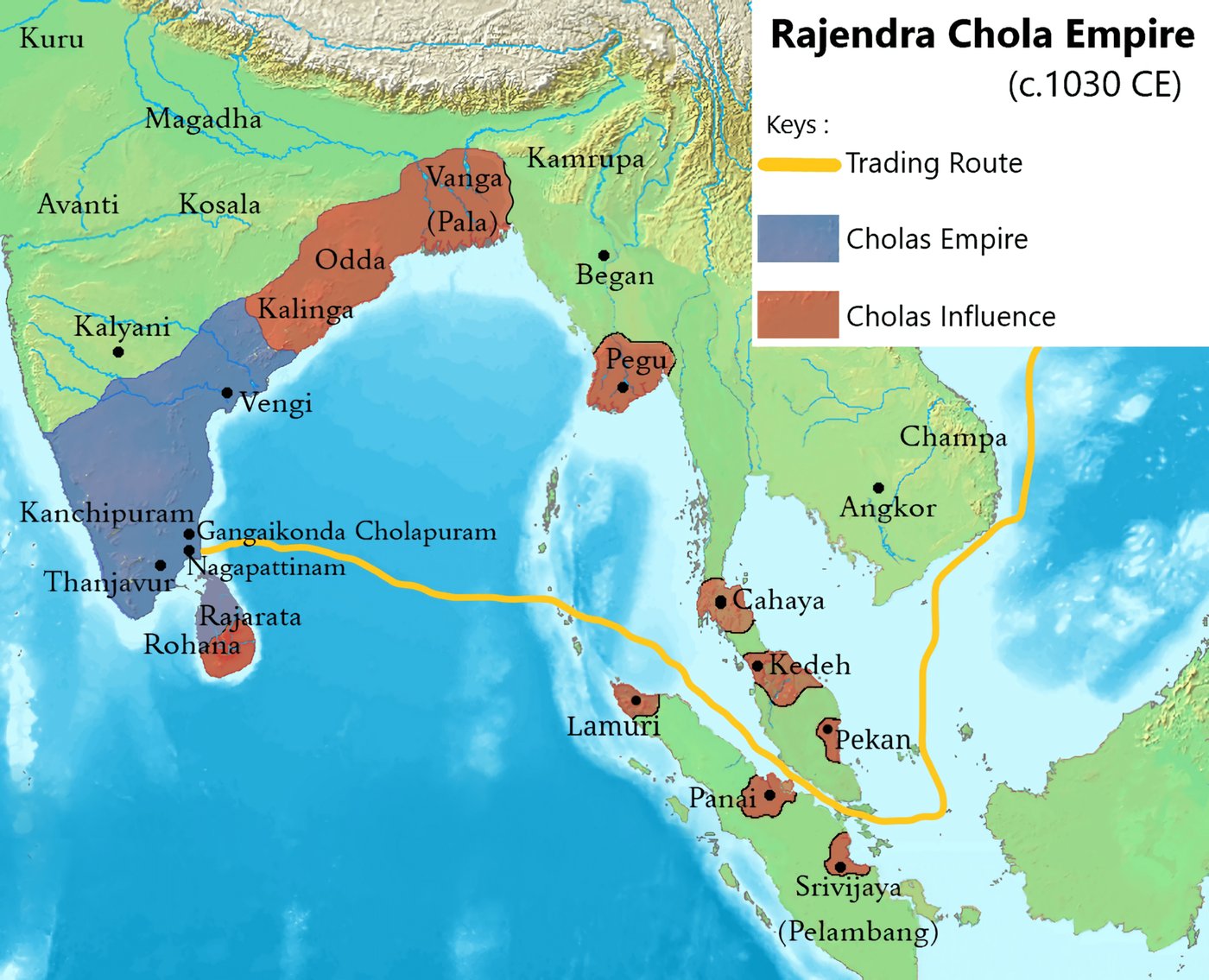 A map showing the Chola Empire of southern India at its greatest extent under Rajendra I, reaching up the east coast and across to Sri Lanka and the Maldives