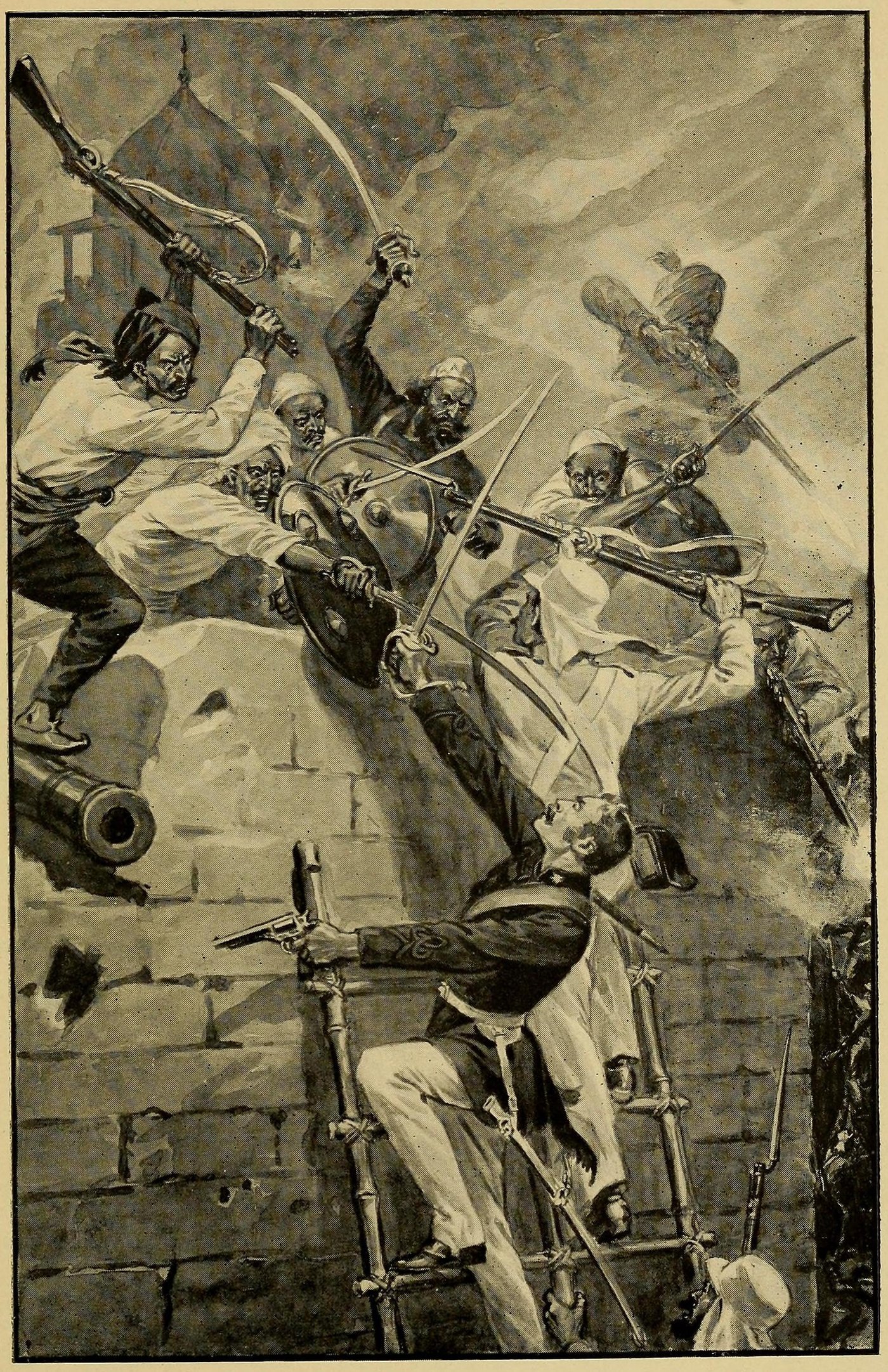 Victorian illustration of British troops storming the walls of Jhansi in 1858