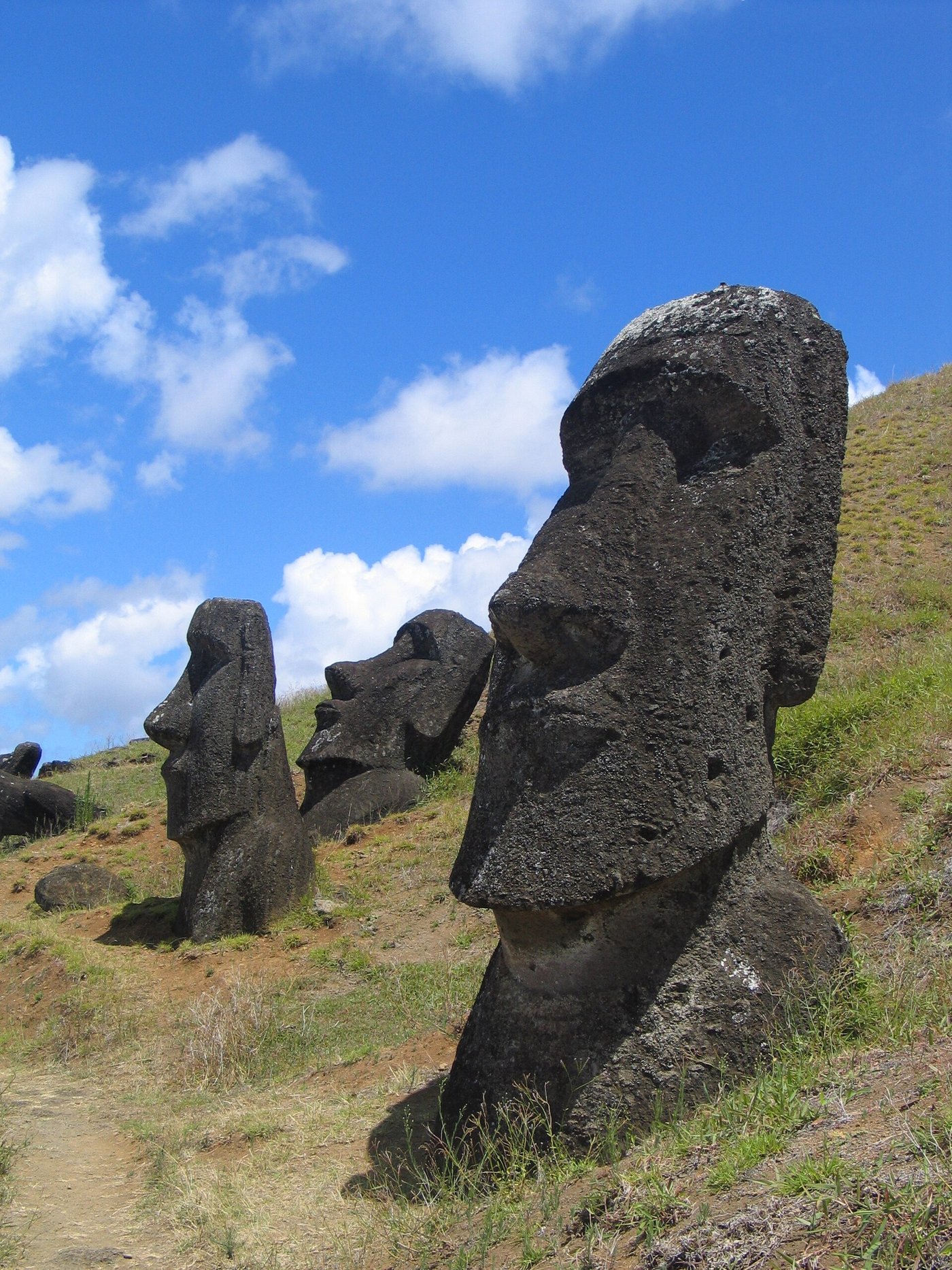 Moai statues on the slope of the Rano Raraku crater, Easter Island