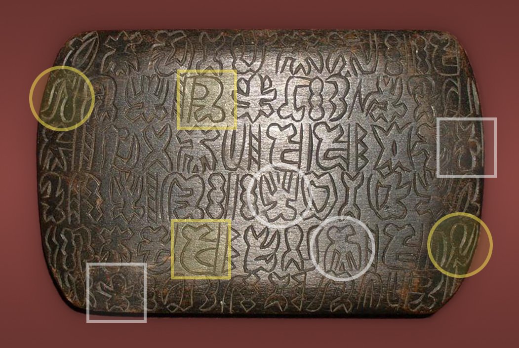 Close-up of rongorongo glyphs showing figures that read the same when inverted