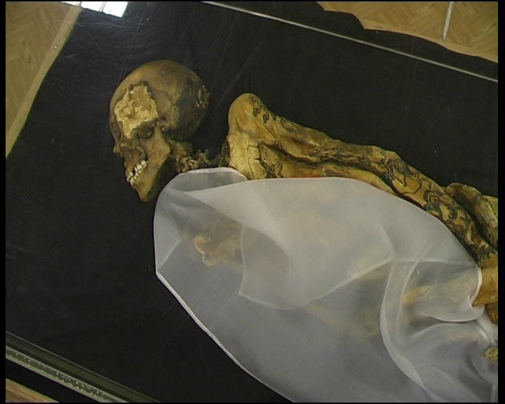 The mummified body of the Ukok Princess, skin darkened and preserved