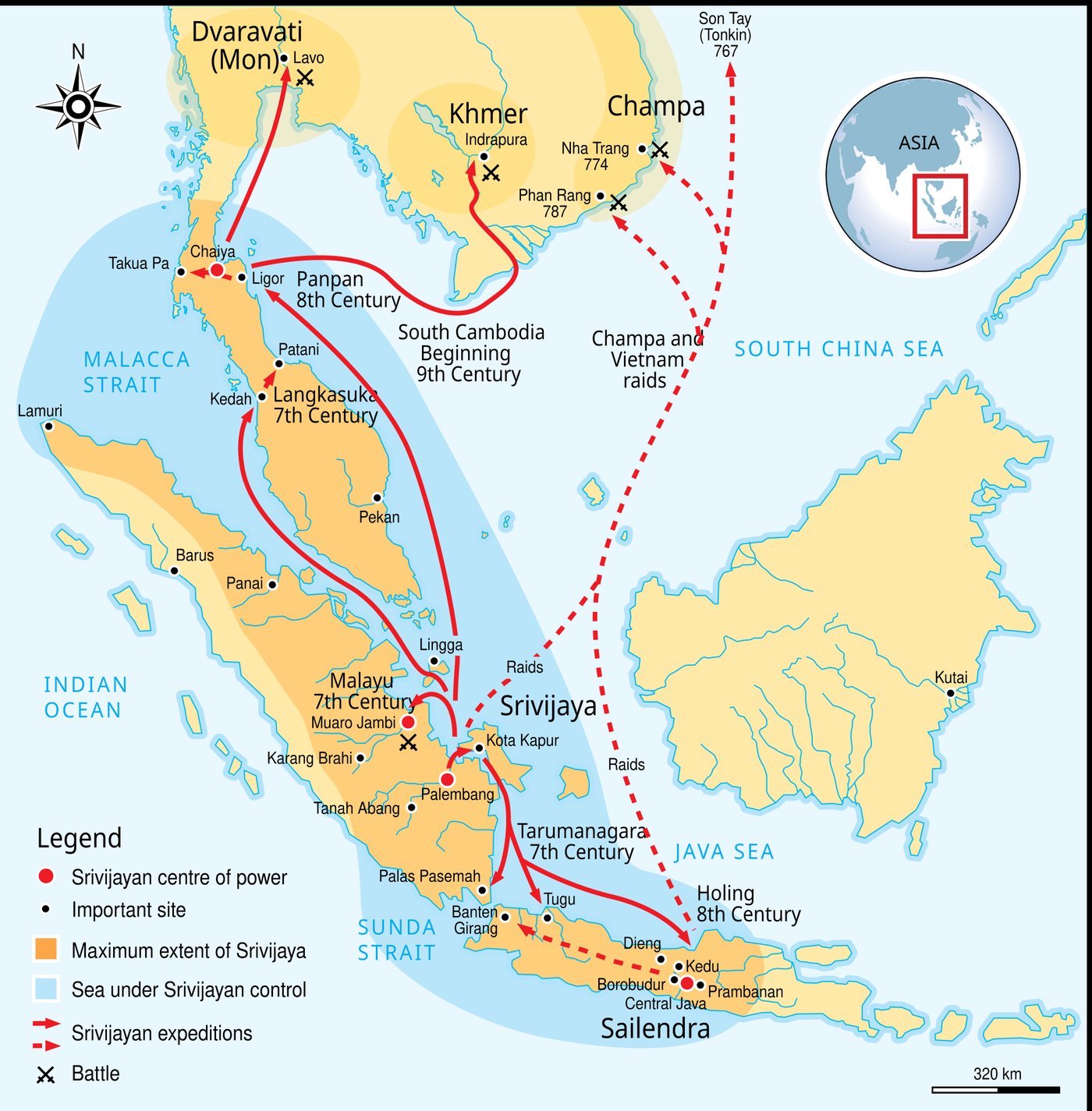 Map of the Srivijaya empire showing its maritime reach across Sumatra, the Malay Peninsula and the sea lanes between India and China