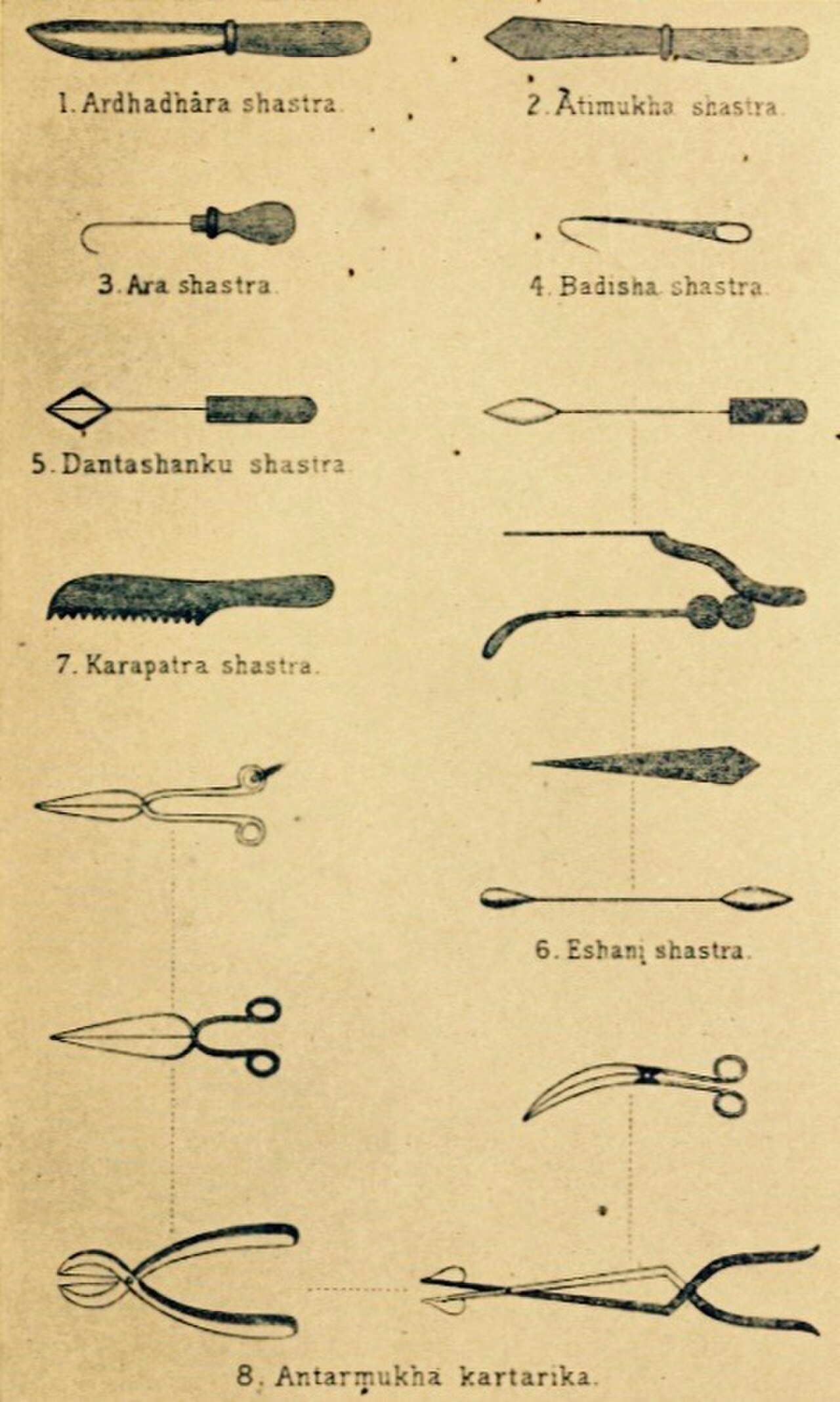Illustrations of the surgical instruments described in the Sushruta Samhita