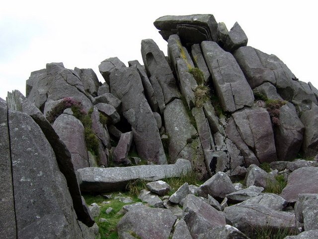 Natural pillar-shaped bluestone slabs at Carn Menyn on the Preseli ridge, west Wales