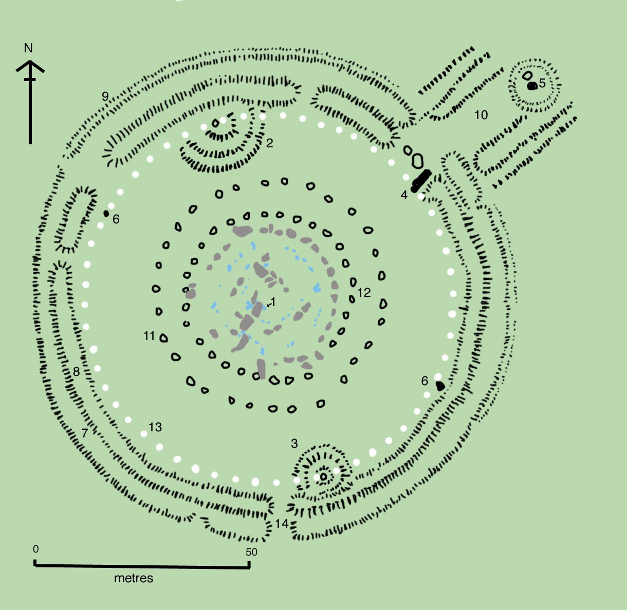 Plan of Stonehenge showing the outer sarsen circle, inner bluestone horseshoe and the position of the Altar Stone at the centre