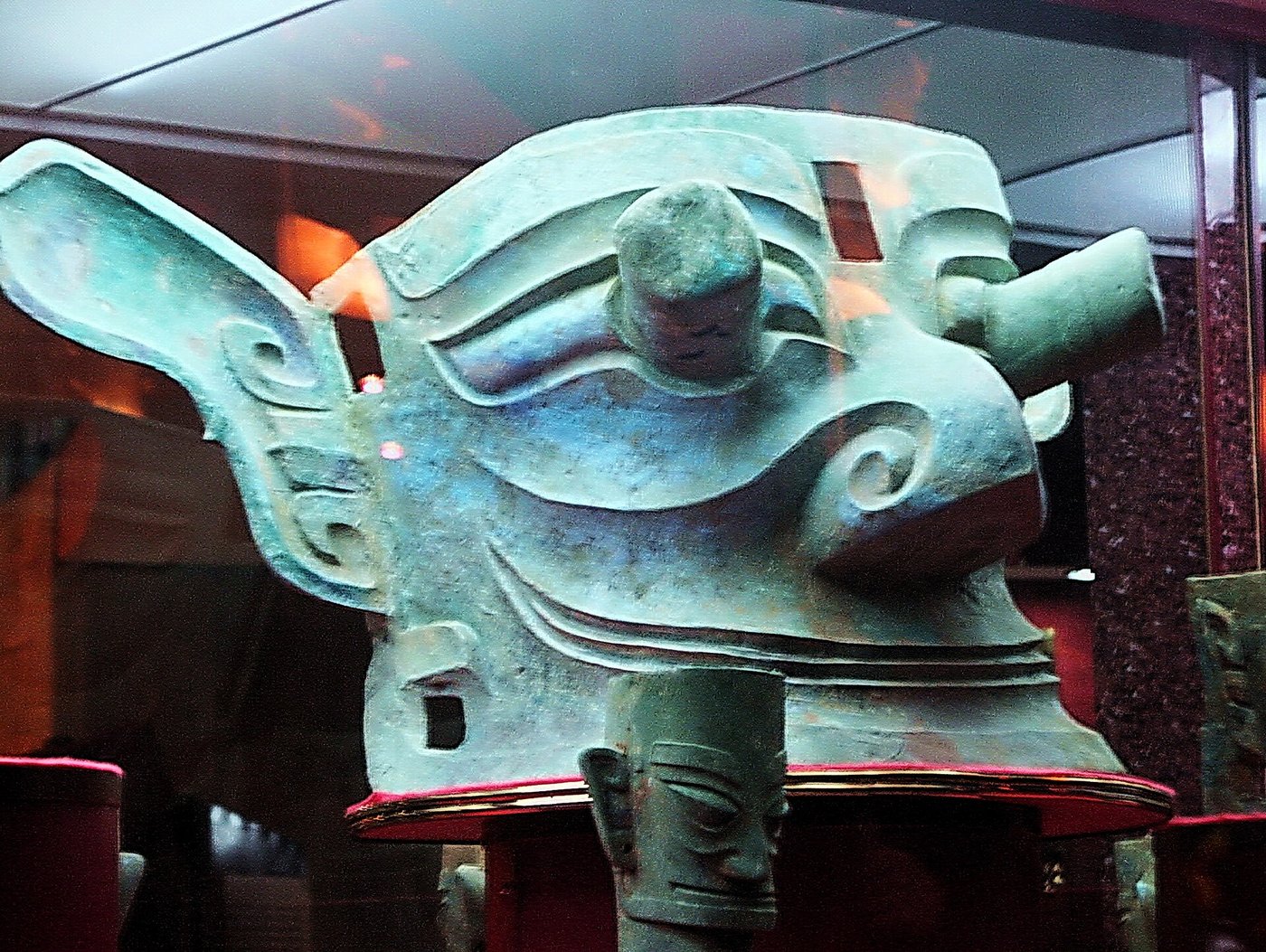 The great bronze mask from Sanxingdui with cylindrical eyes projecting forward and wide flaring ears