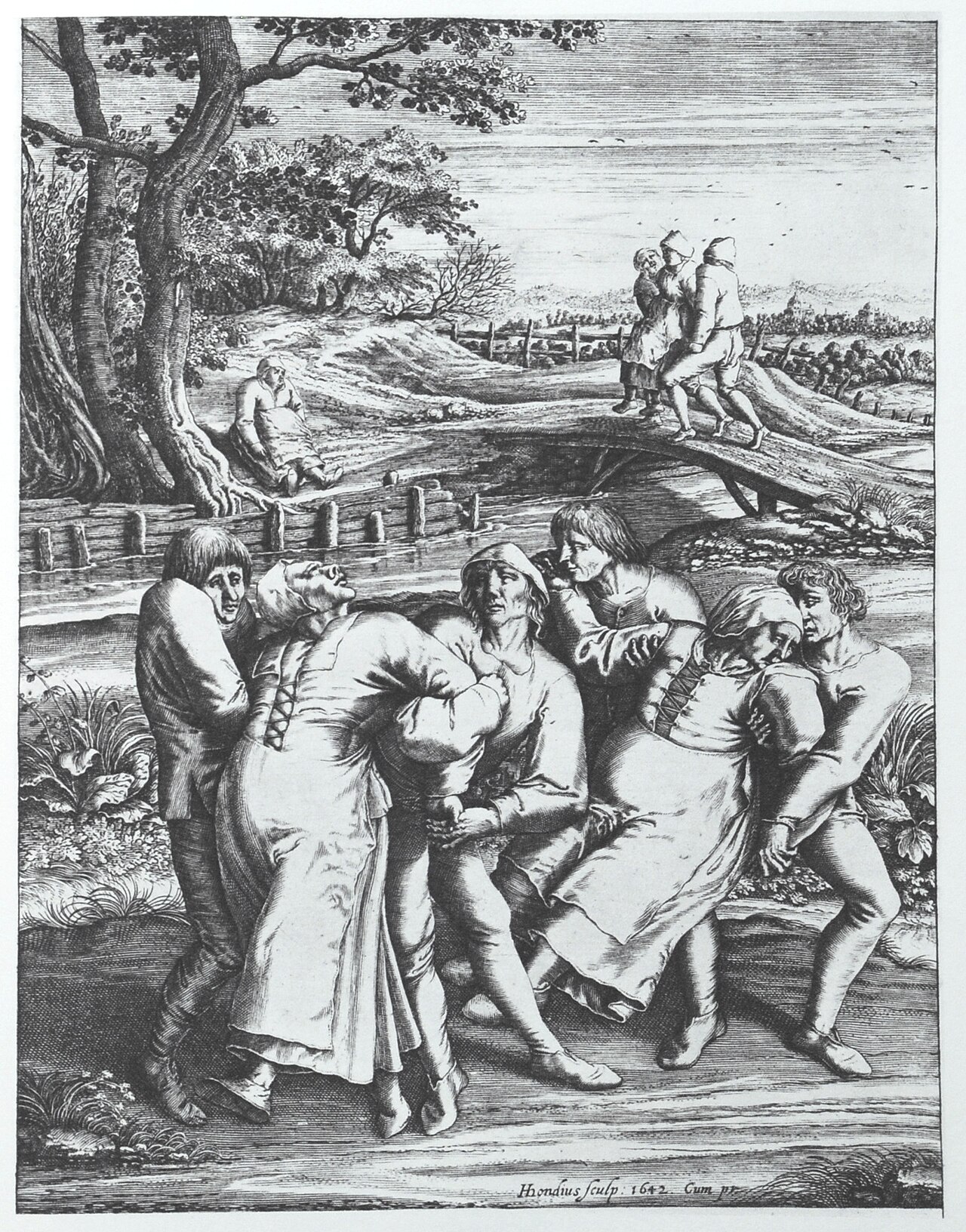 A 17th-century engraving of dancing mania sufferers on a pilgrimage