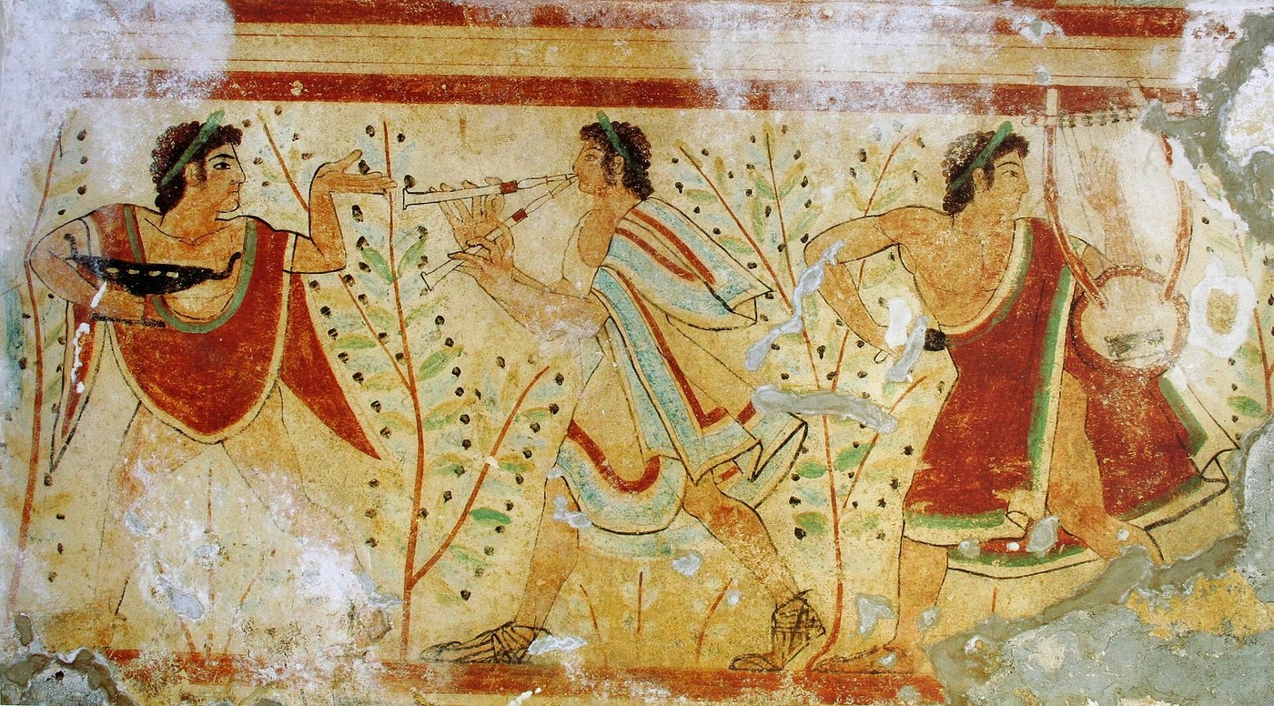 Etruscan wall painting of three figures in coloured robes playing a double pipe and a lyre among stylised plants