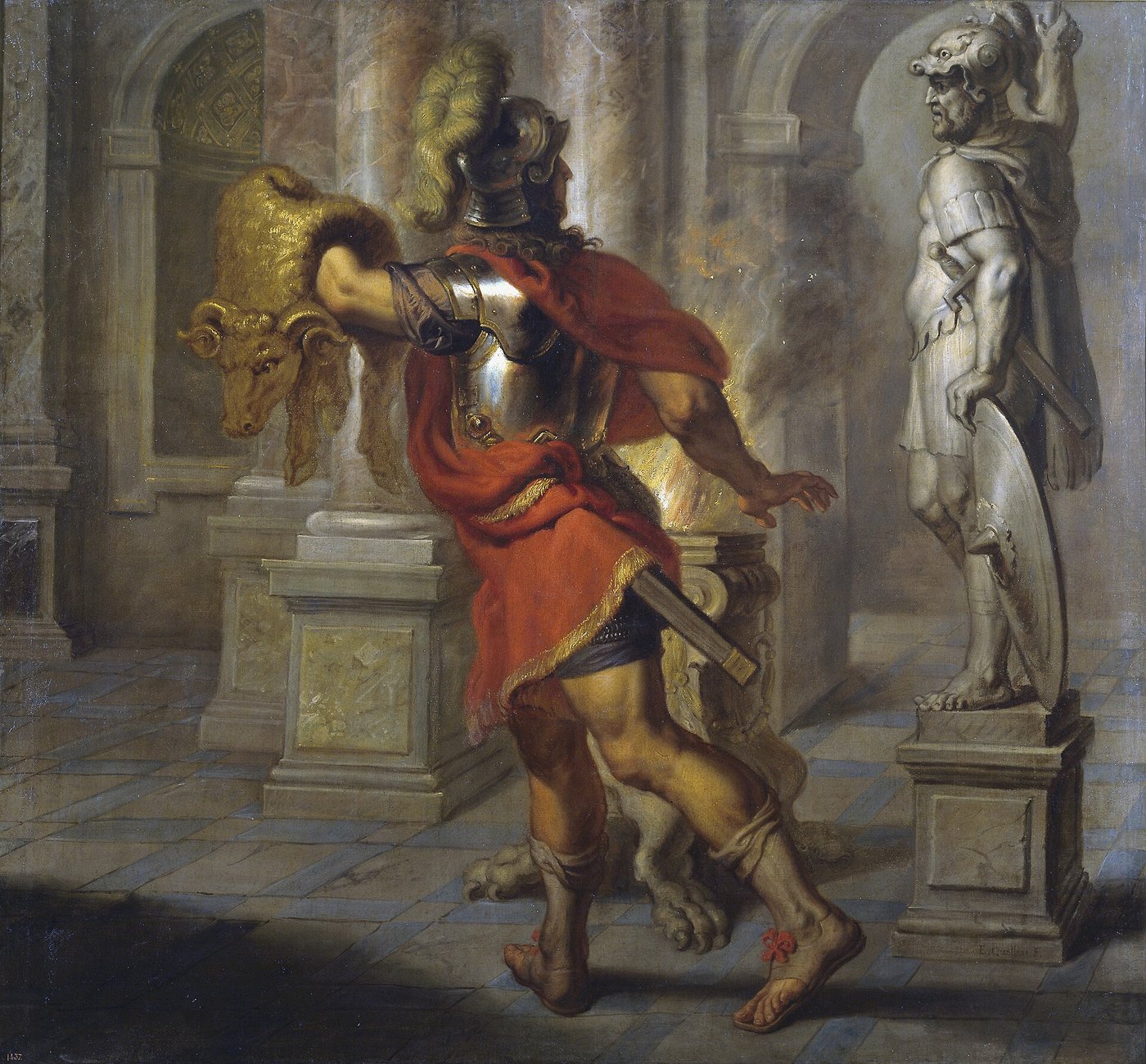 A seventeenth-century oil painting of Jason holding the golden fleece aloft, a muscular nude figure against a dark landscape